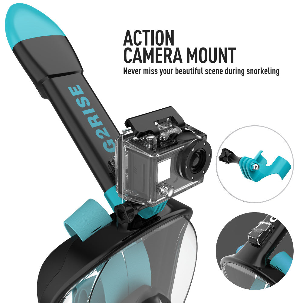 G2RISE full face snorkel mask with action camera mount for underwater photography.