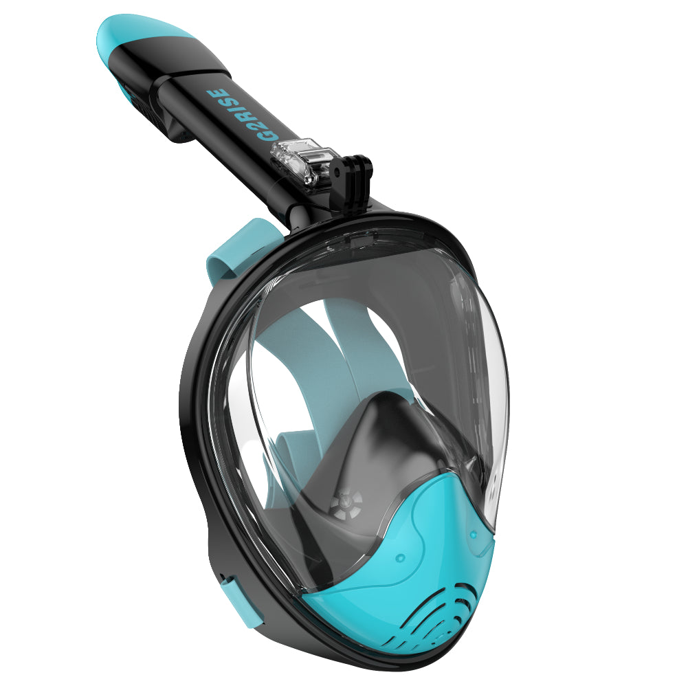 G2RISE full face snorkel mask in grey-blue color featuring an action camera mount.