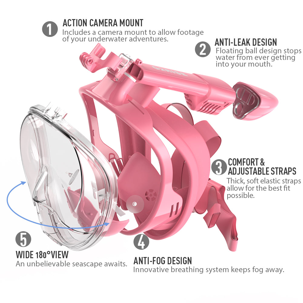 G2RISE pink snorkel mask features: action camera mount, anti-leak, 180° view