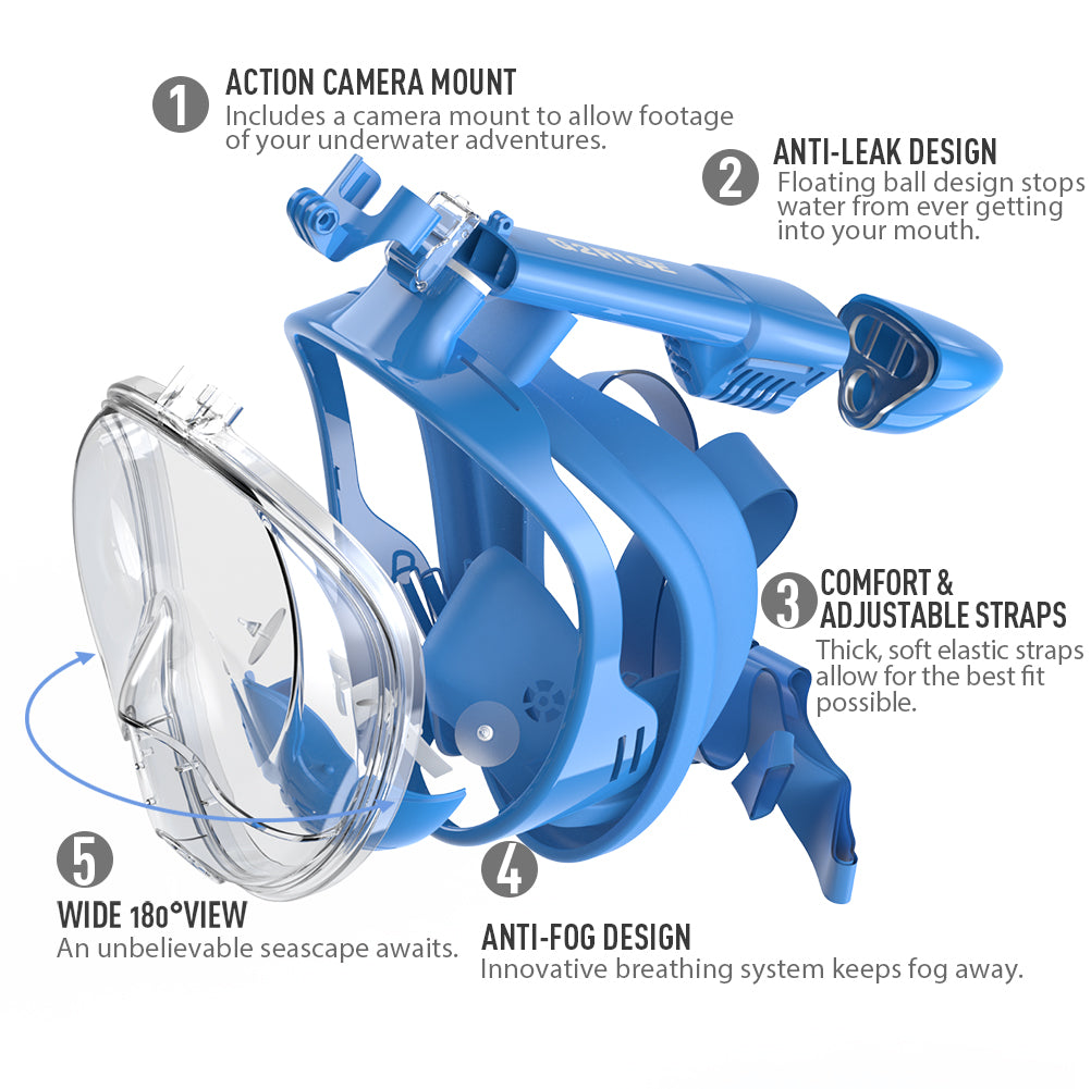 Features of G2RISE kids snorkel mask: anti-leak, 180° view, action camera mount