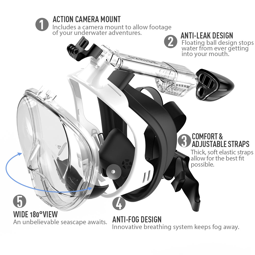 G2RISE SN01 snorkel mask features: camera mount, anti-leak, comfort straps, anti-fog design