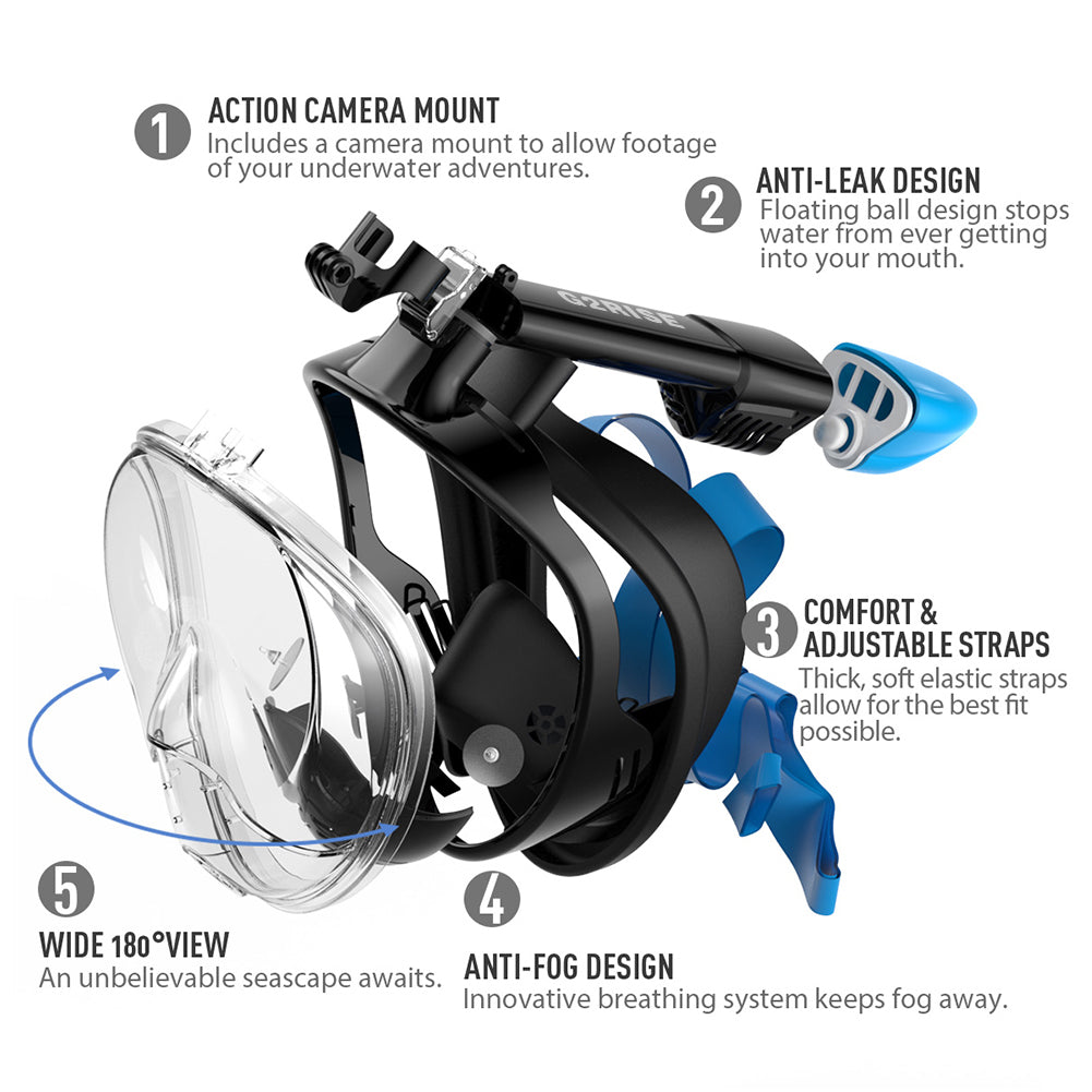 G2RISE SN01 full face snorkel mask features: camera mount, anti-leak design, adjustable straps.