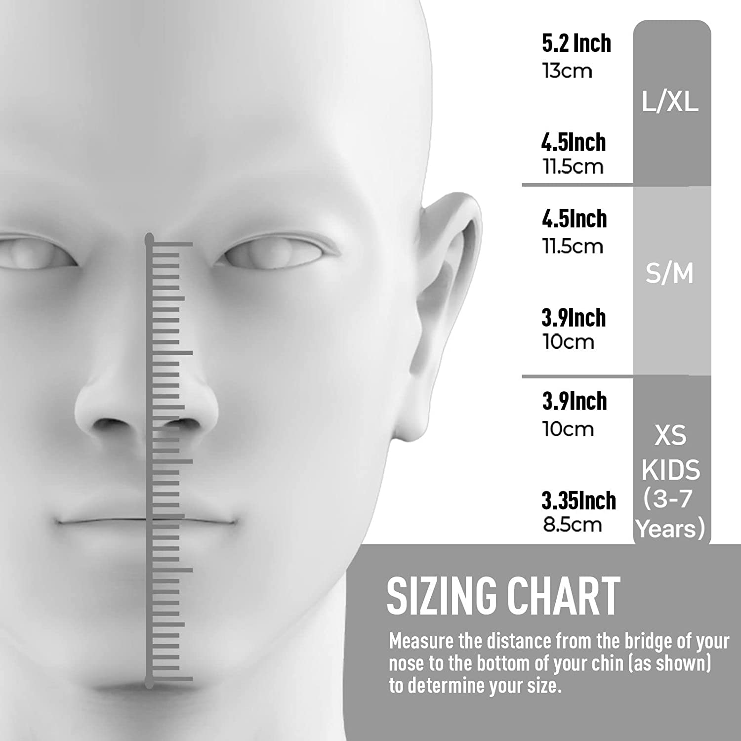 Sizing chart for G2RISE full face snorkel masks including adult and children's sizes.