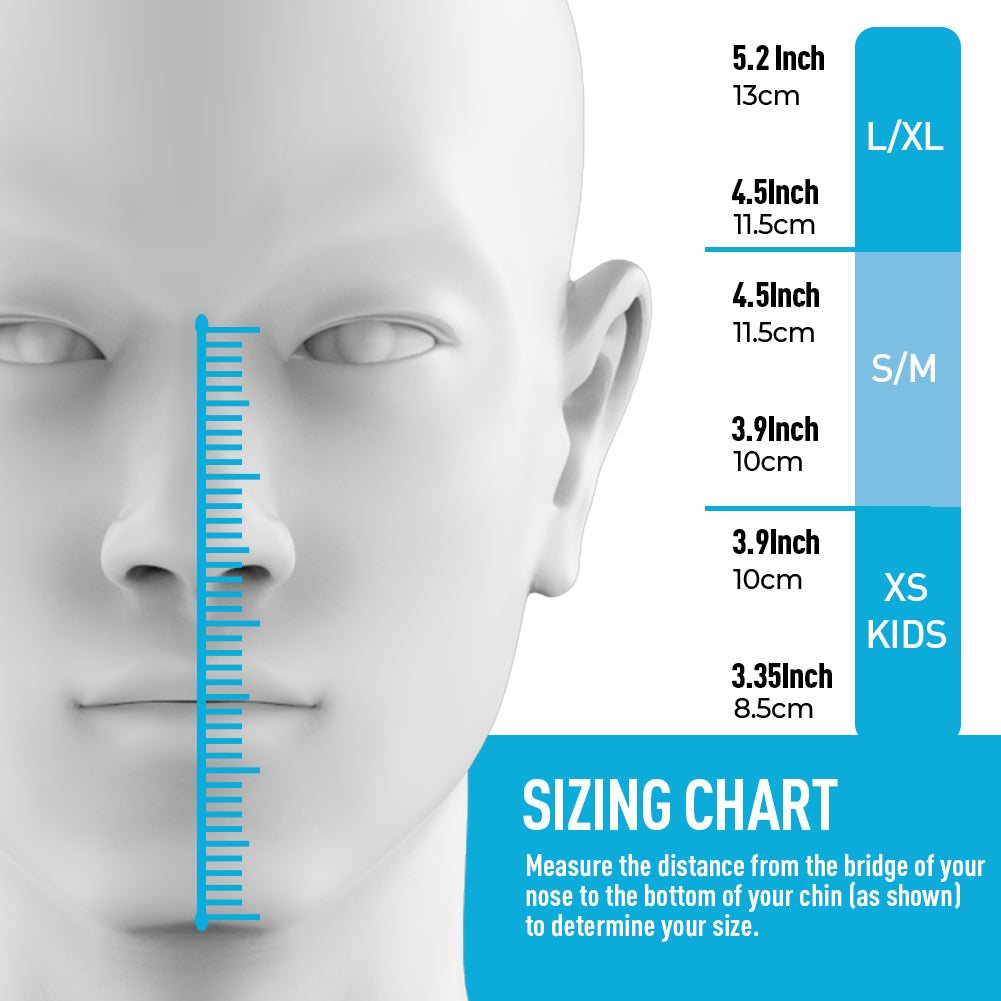Sizing chart for G2RISE SN01 snorkel masks with size measurements for kids and adults