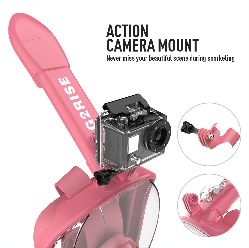 G2RISE pink snorkel mask with action camera mount and adjustable strap details.