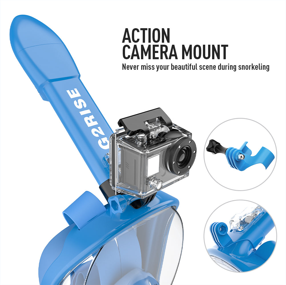 G2RISE snorkeling mask with action camera mount for capturing underwater moments.