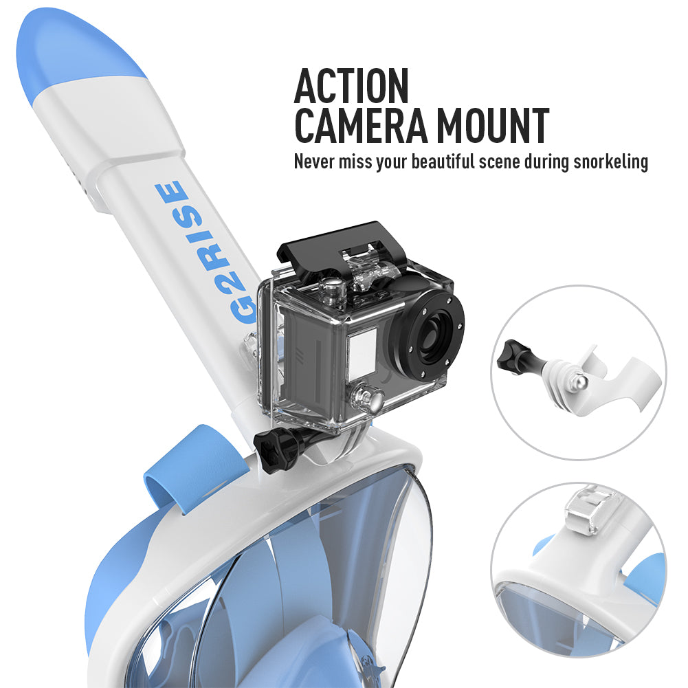 G2RISE SN01 snorkel mask with action camera mount for underwater photography.