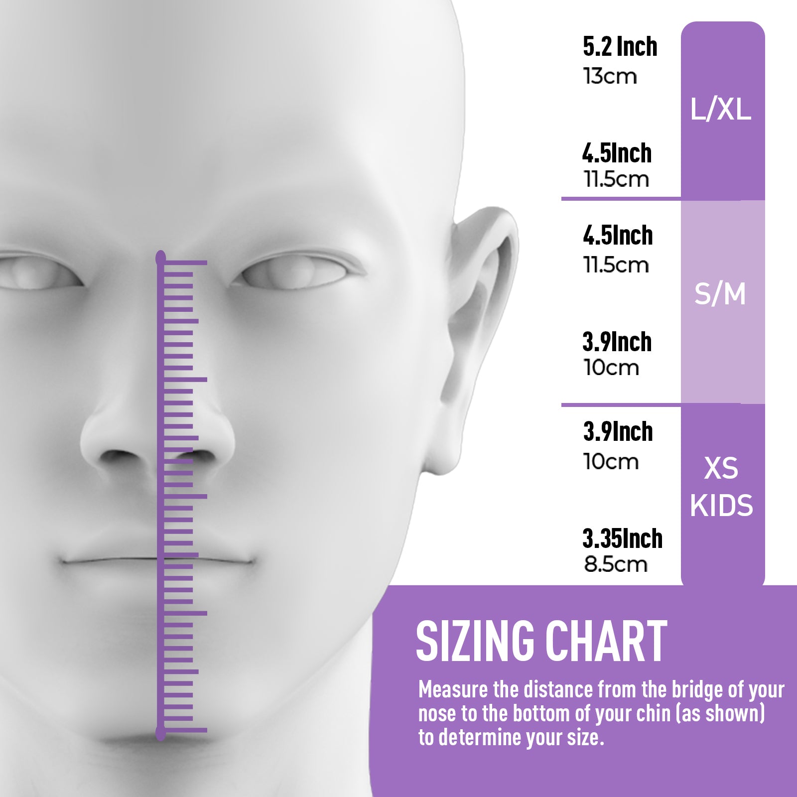 G2RISE snorkel mask sizing chart showing measurements for kids and adults.
