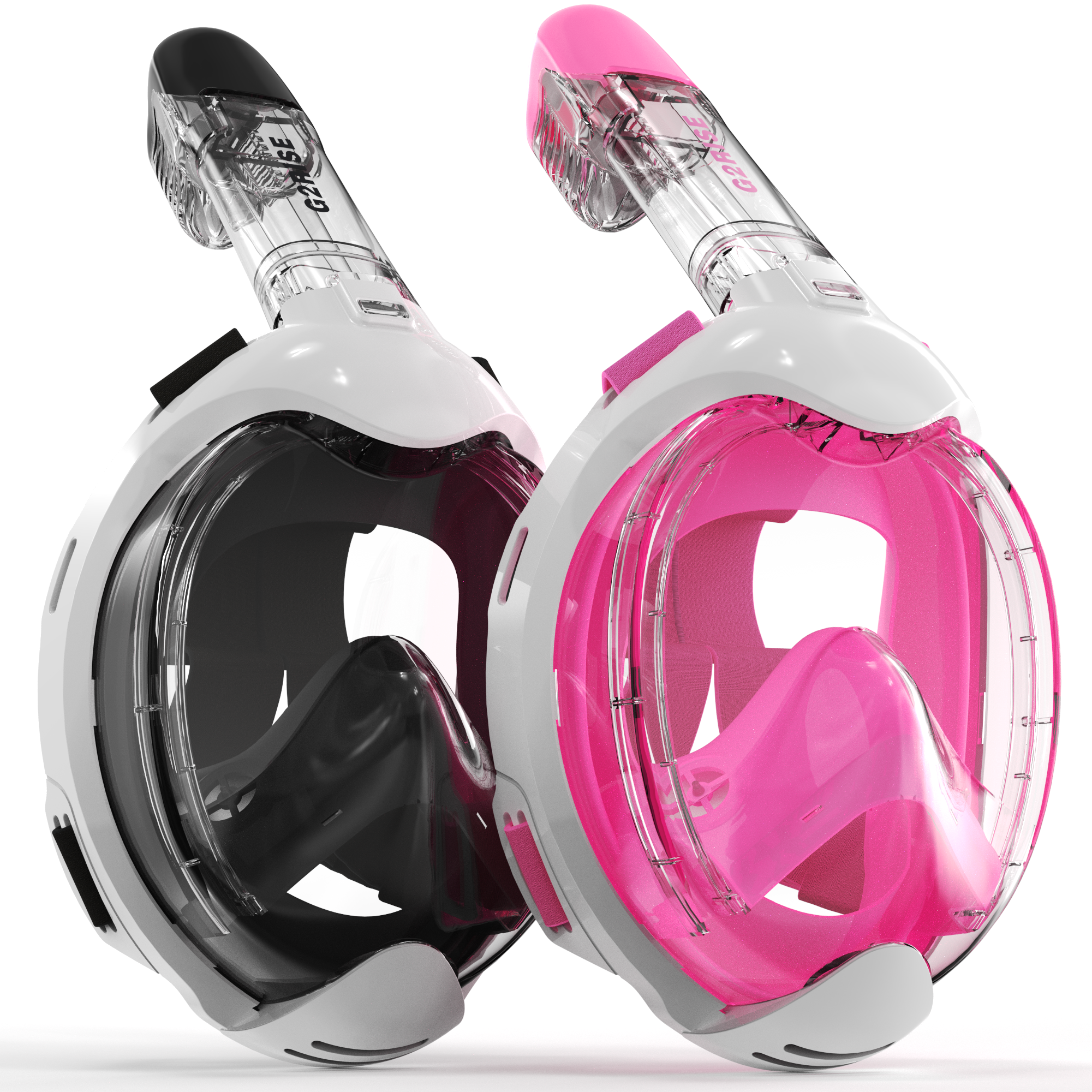 G2RISE kids snorkel masks in blue and pink with clear viewing area and ergonomic design.