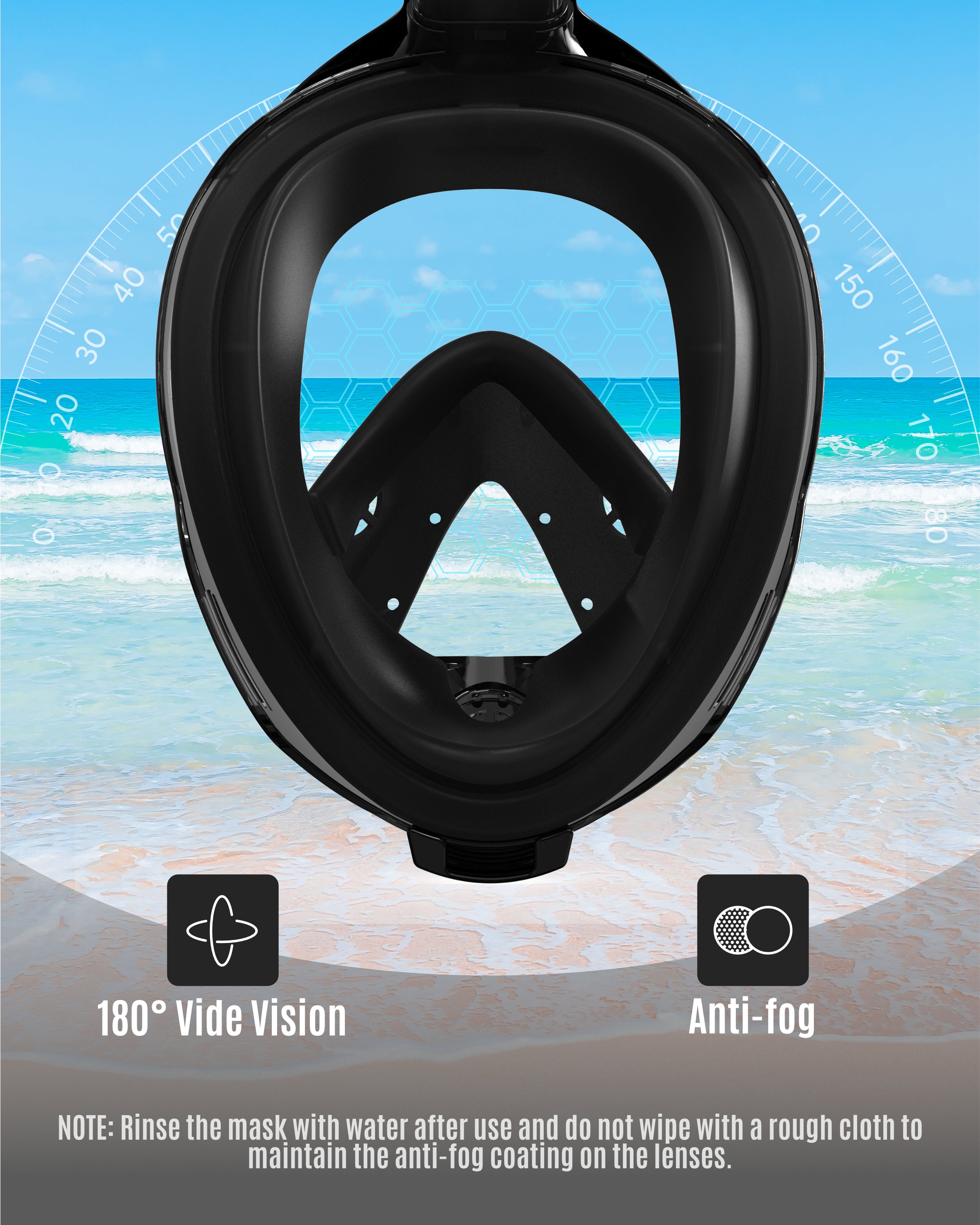 G2RISE black full face snorkel mask showcasing 180° view and anti-fog features