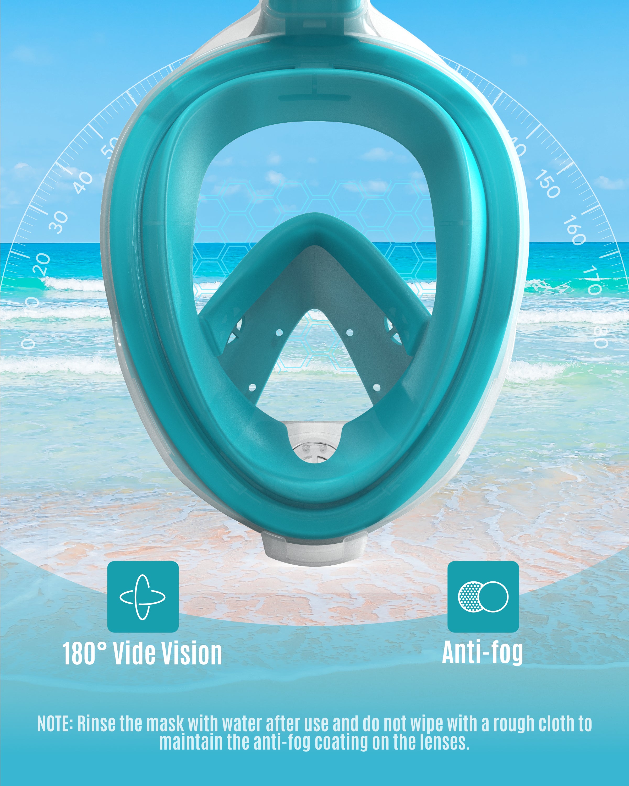 G2RISE snorkeling mask showcasing 180° visibility and anti-fog features on the beach