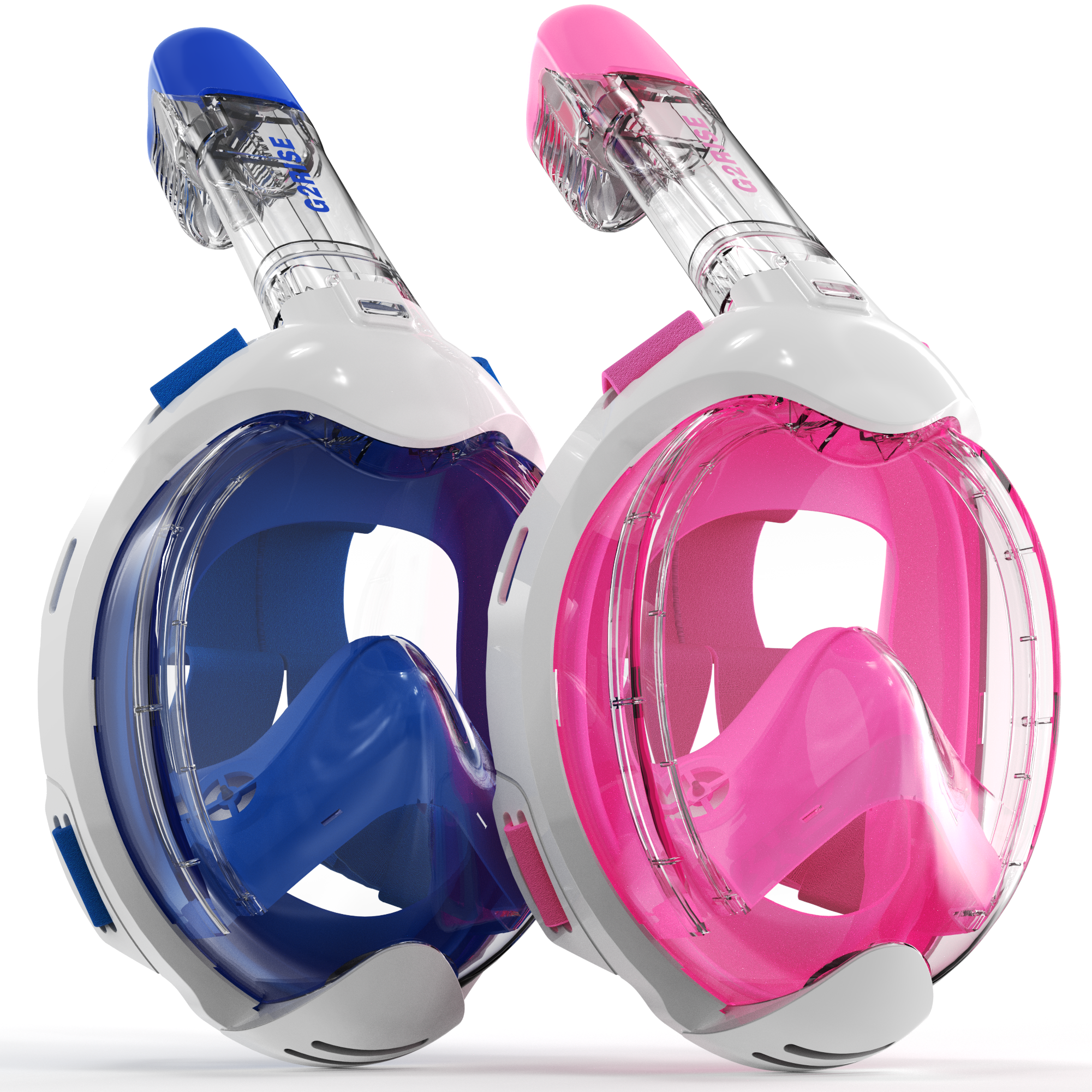 G2RISE white and pink snorkel masks showcasing 180° panoramic view.