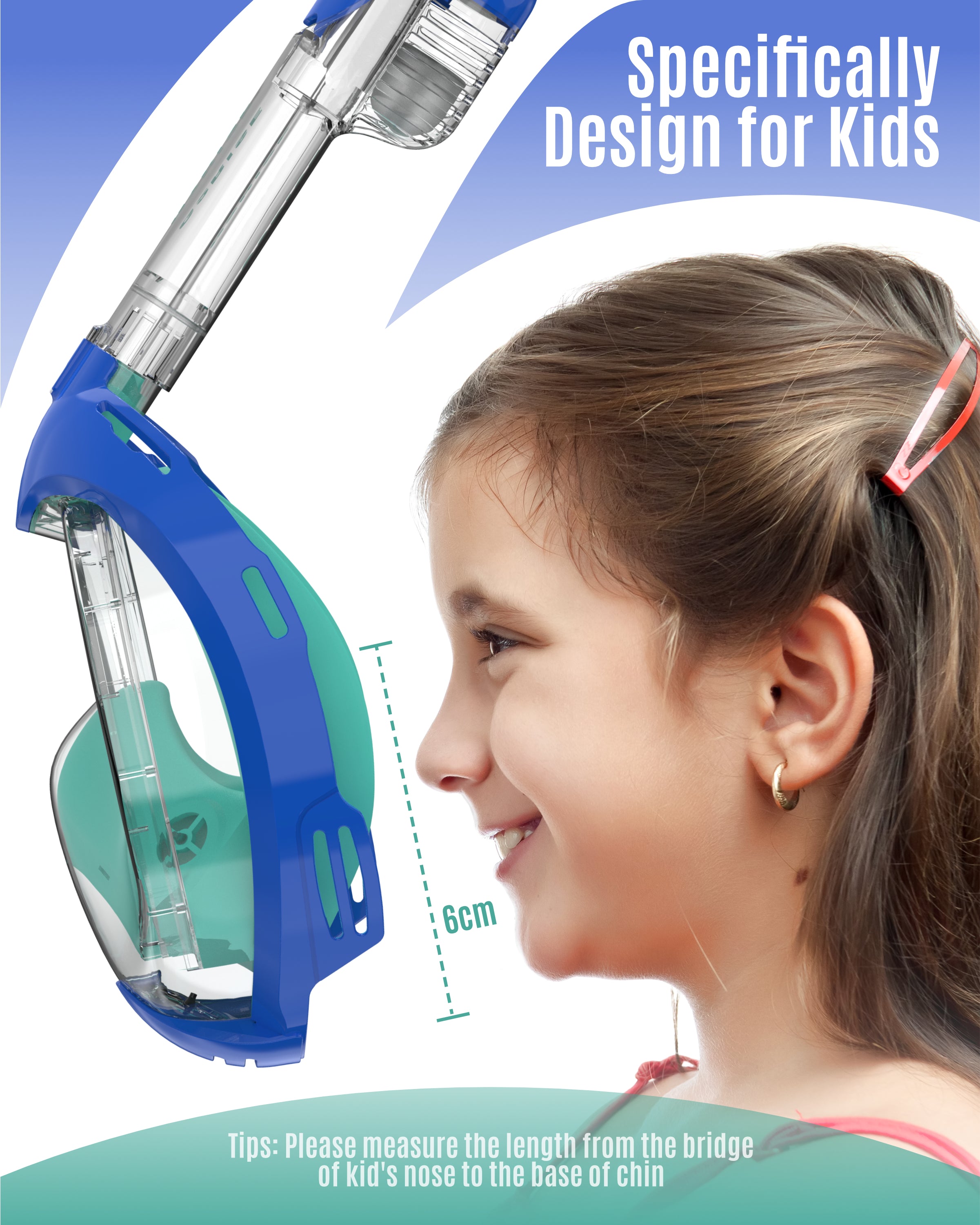 G2RISE Kids snorkel mask design highlighting fit for children with measurement guide.