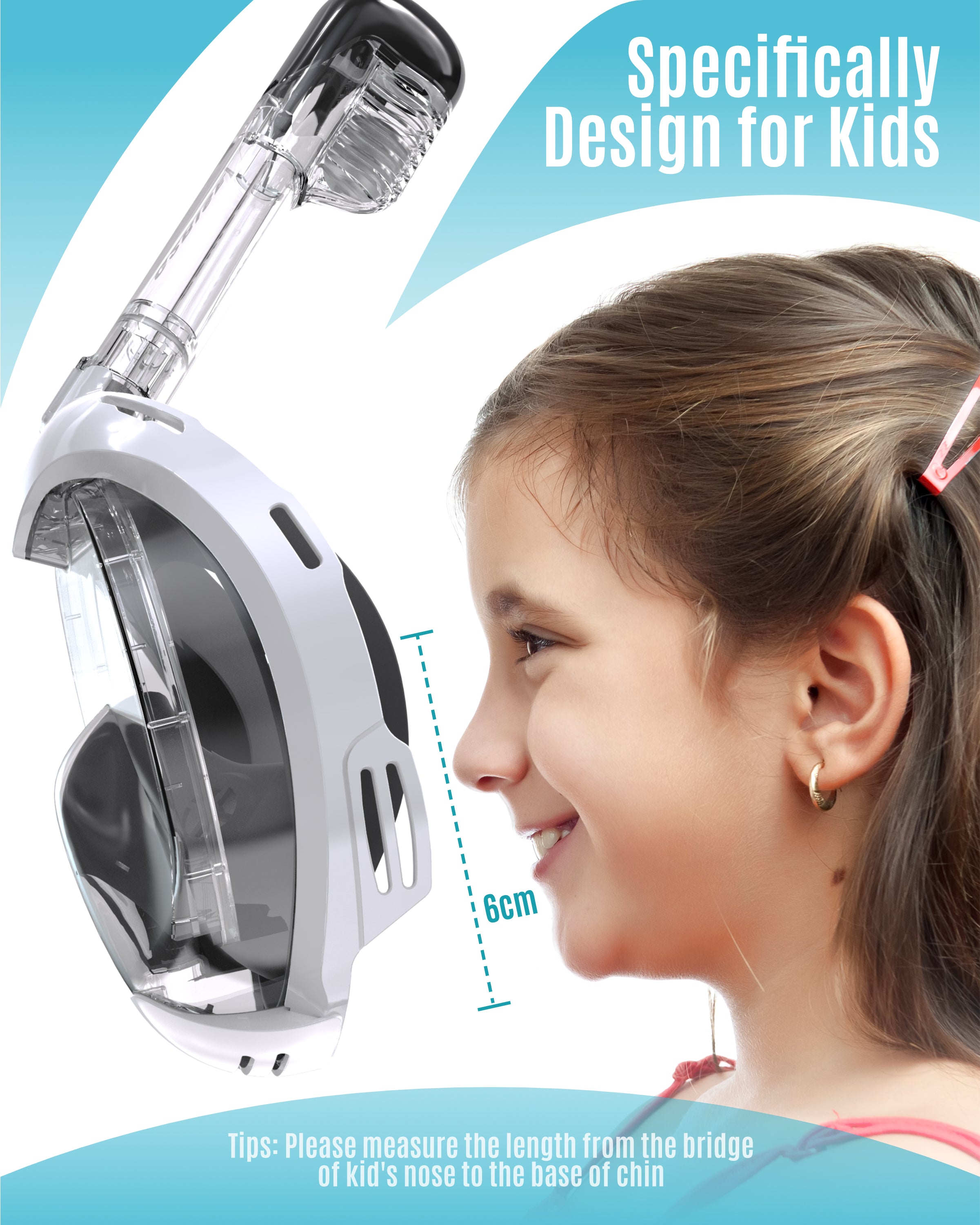 G2RISE Kids Full Face Snorkel Mask SN03 in black and white design for children