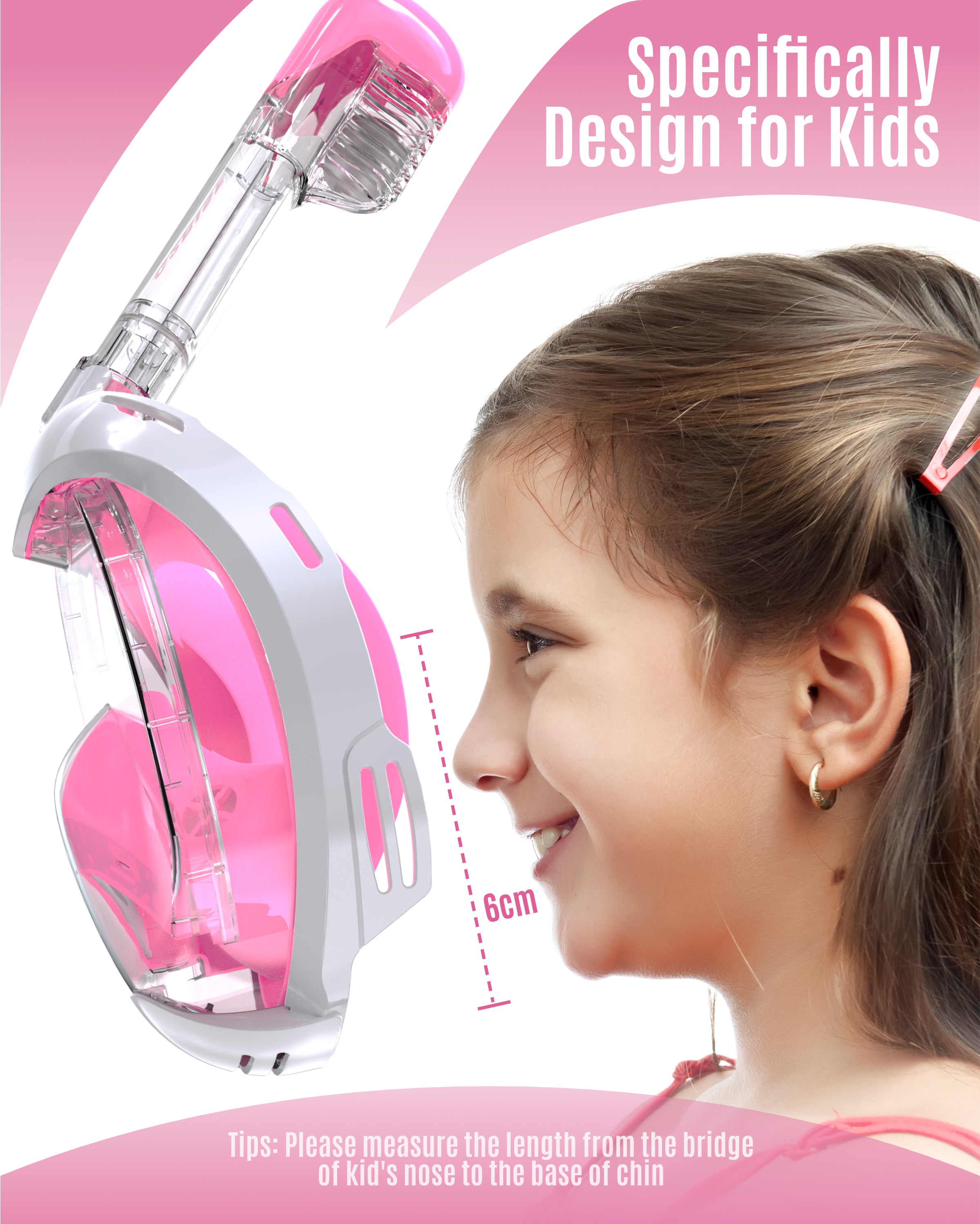 G2RISE kids full face snorkel mask design in pink, showing comfortable fit for children.