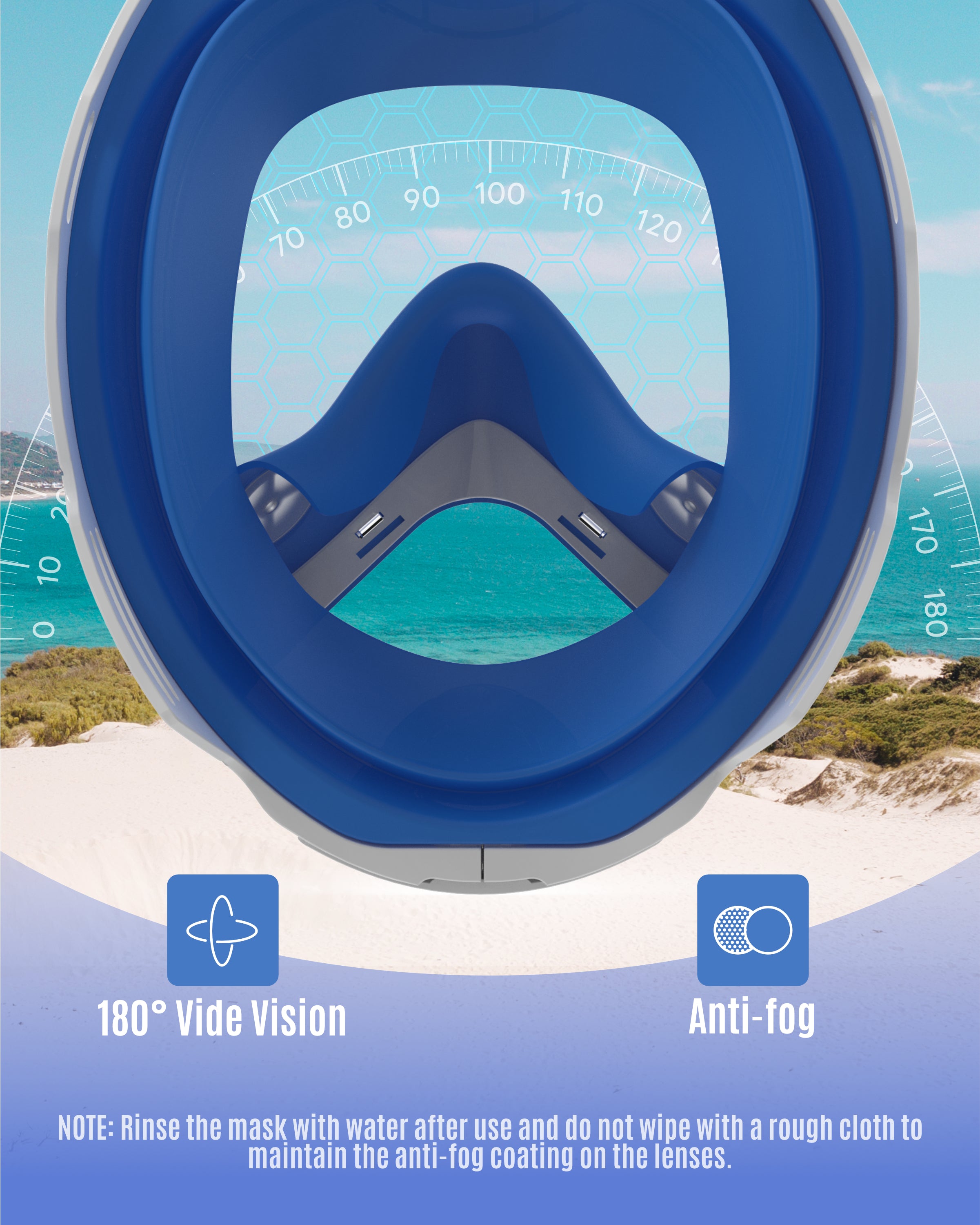 Inside view of G2RISE kids snorkel mask showcasing 180° vision and anti-fog features.