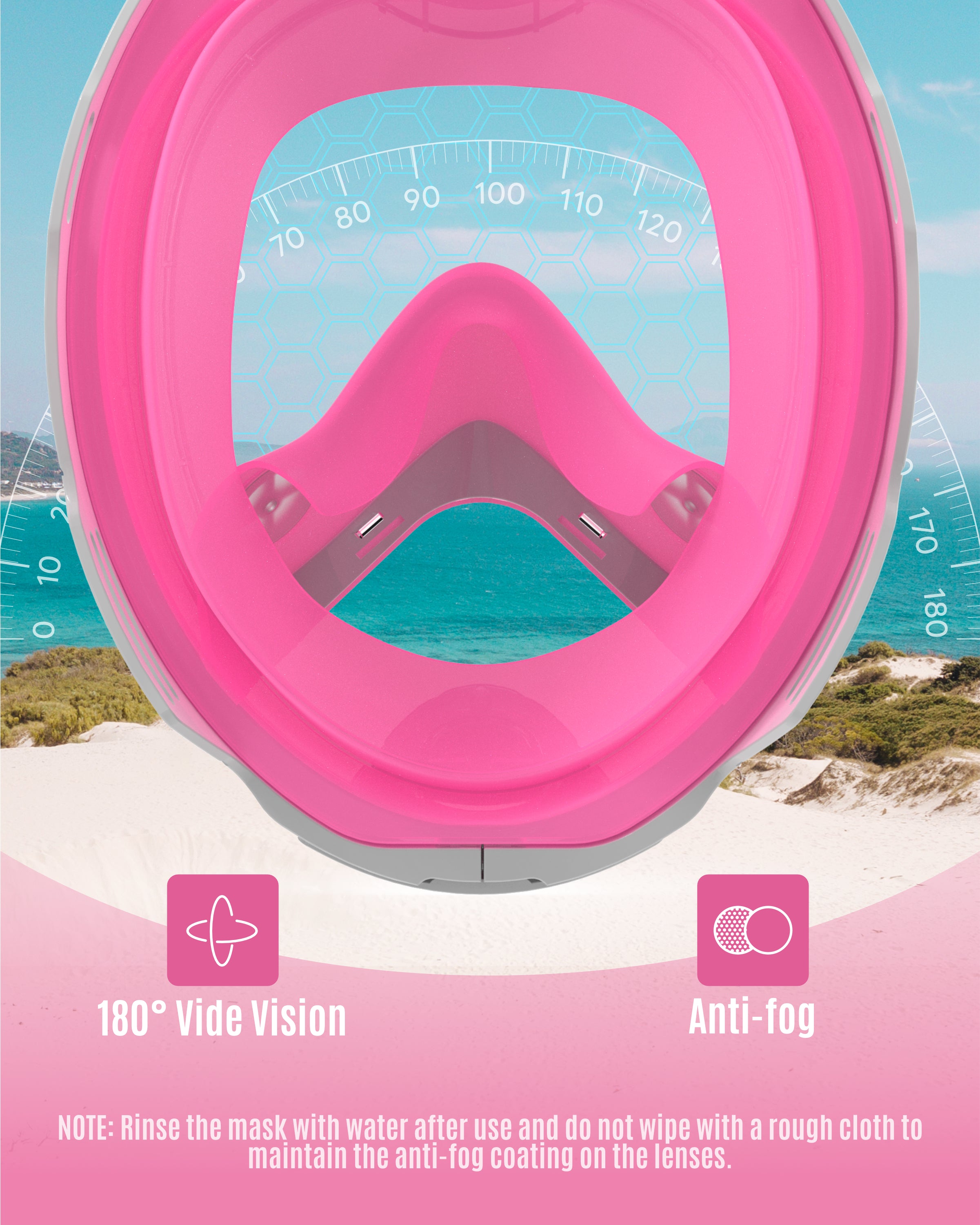 G2RISE kids snorkel mask showing 180° wide vision and anti-fog features.
