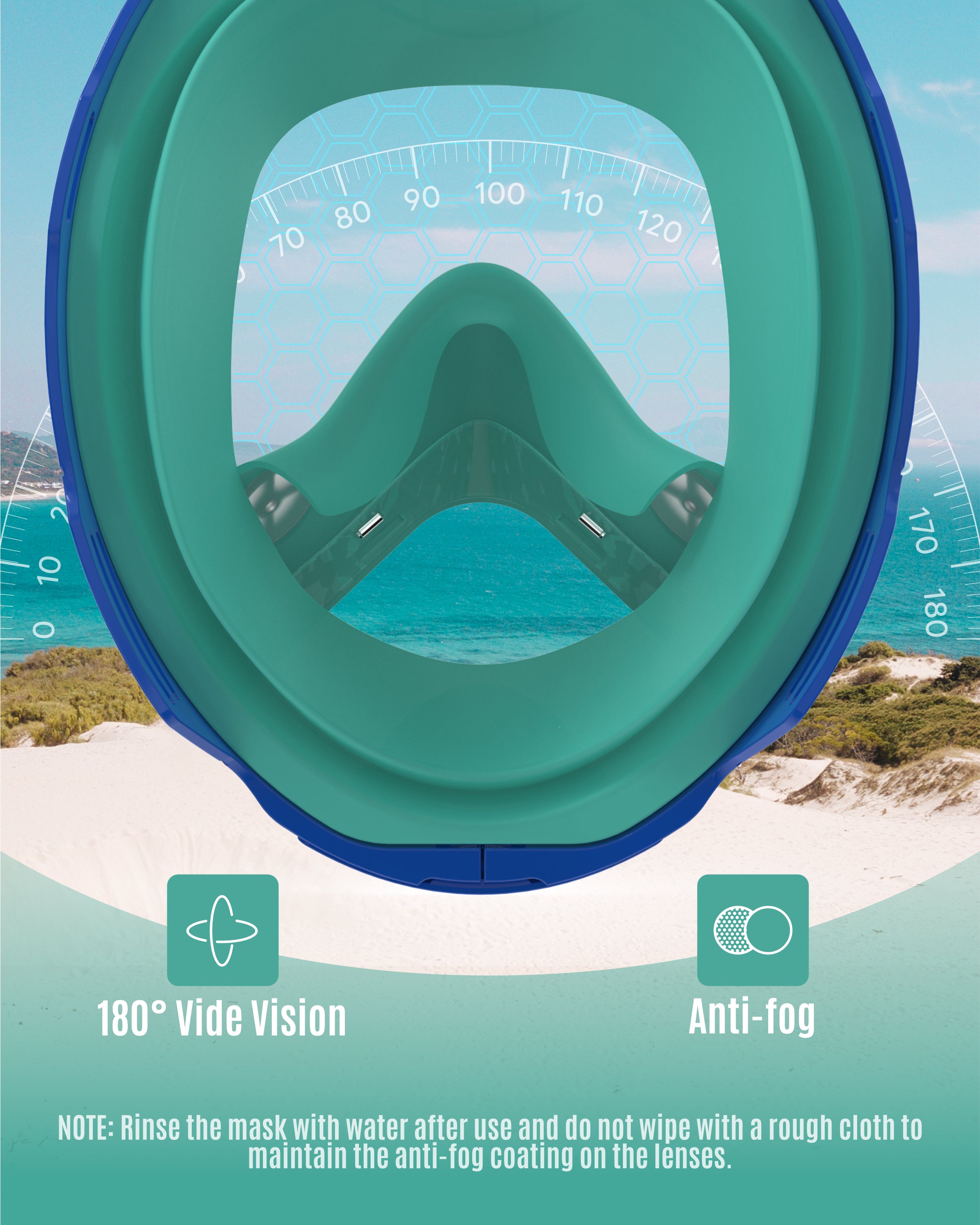 G2RISE full face snorkel mask showing 180° wide vision and anti-fog features.
