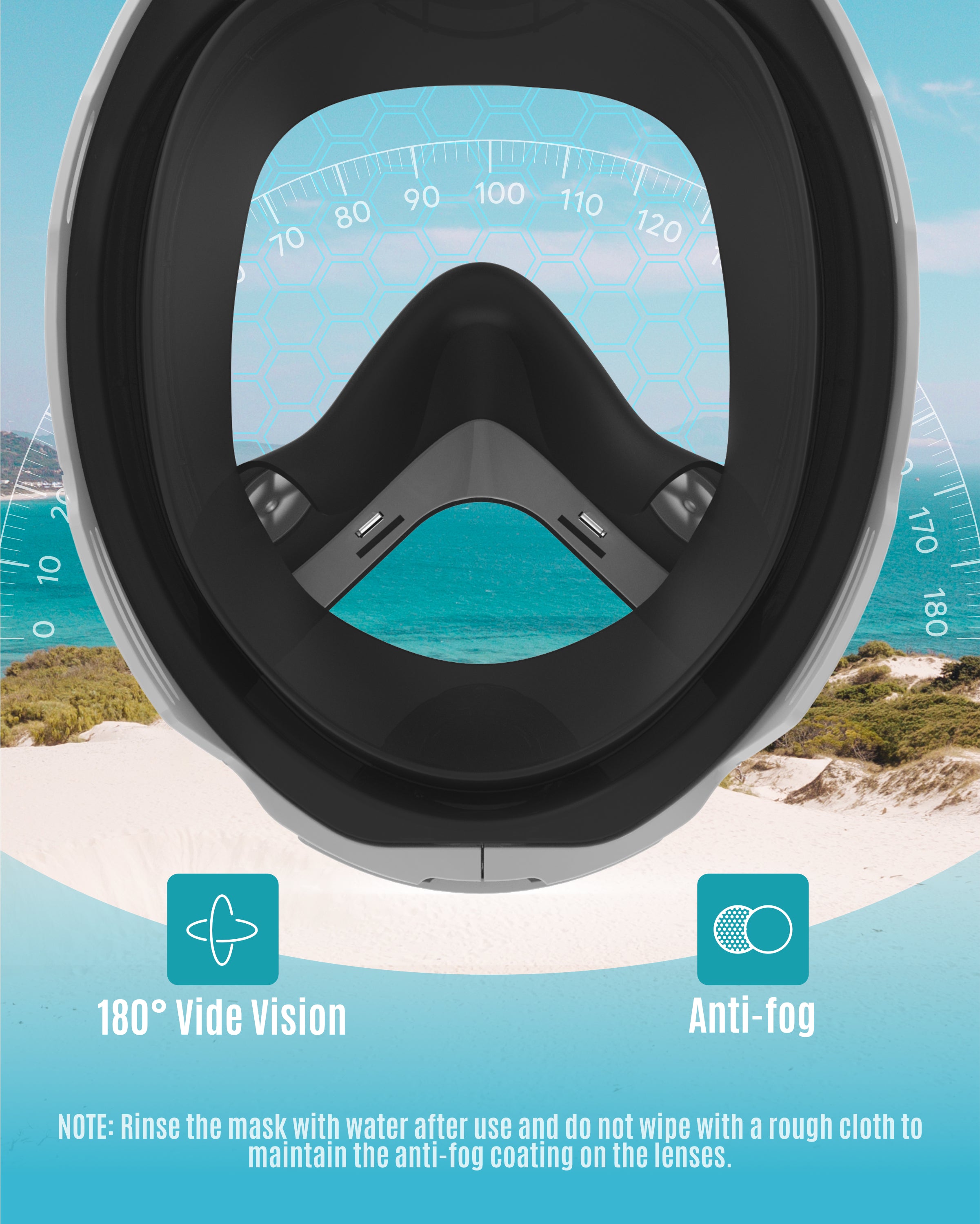 Interior view of G2RISE Kids snorkel mask SN03 showing 180° vision and anti-fog technology