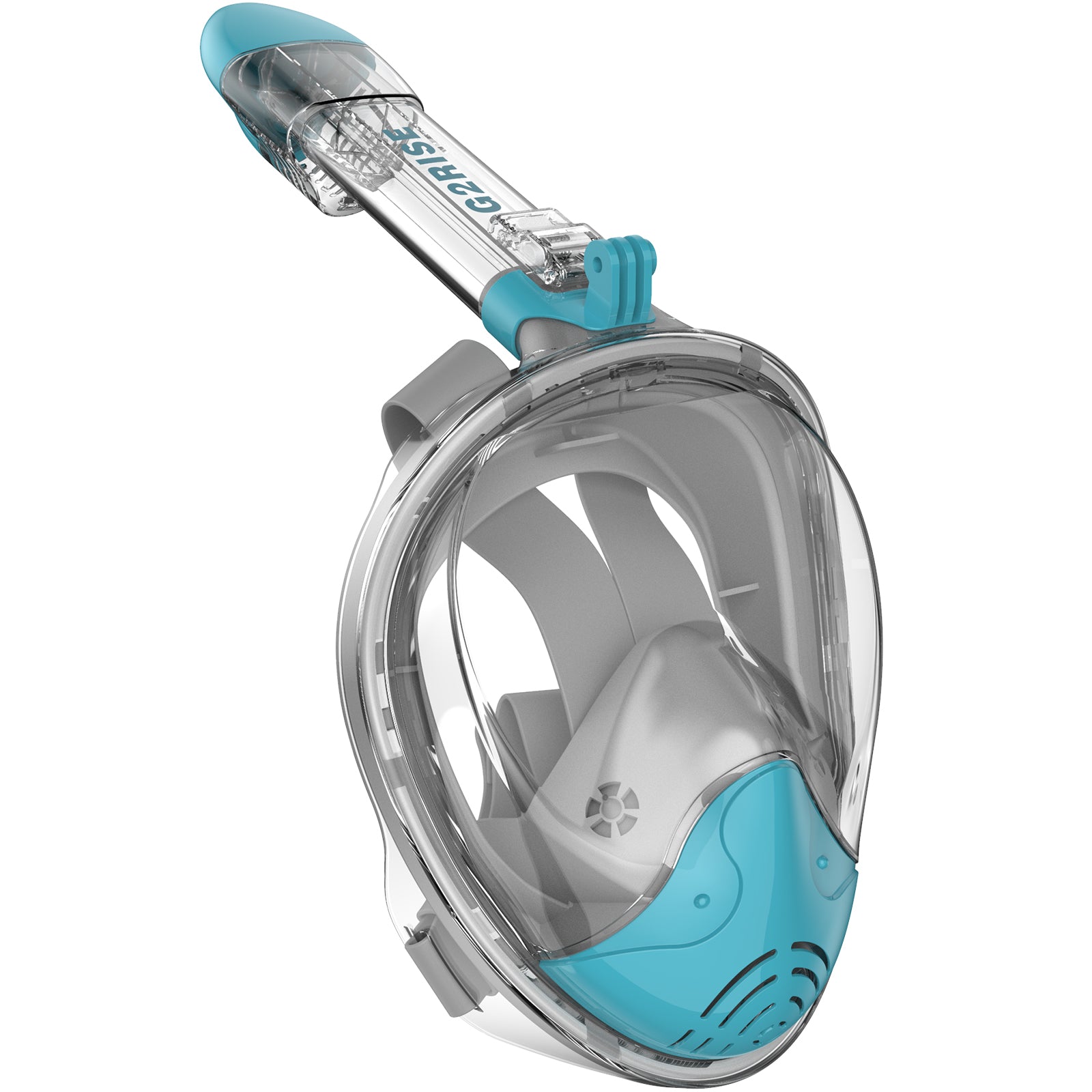 G2RISE blue-green full face snorkel mask with wide view and adjustable strap.