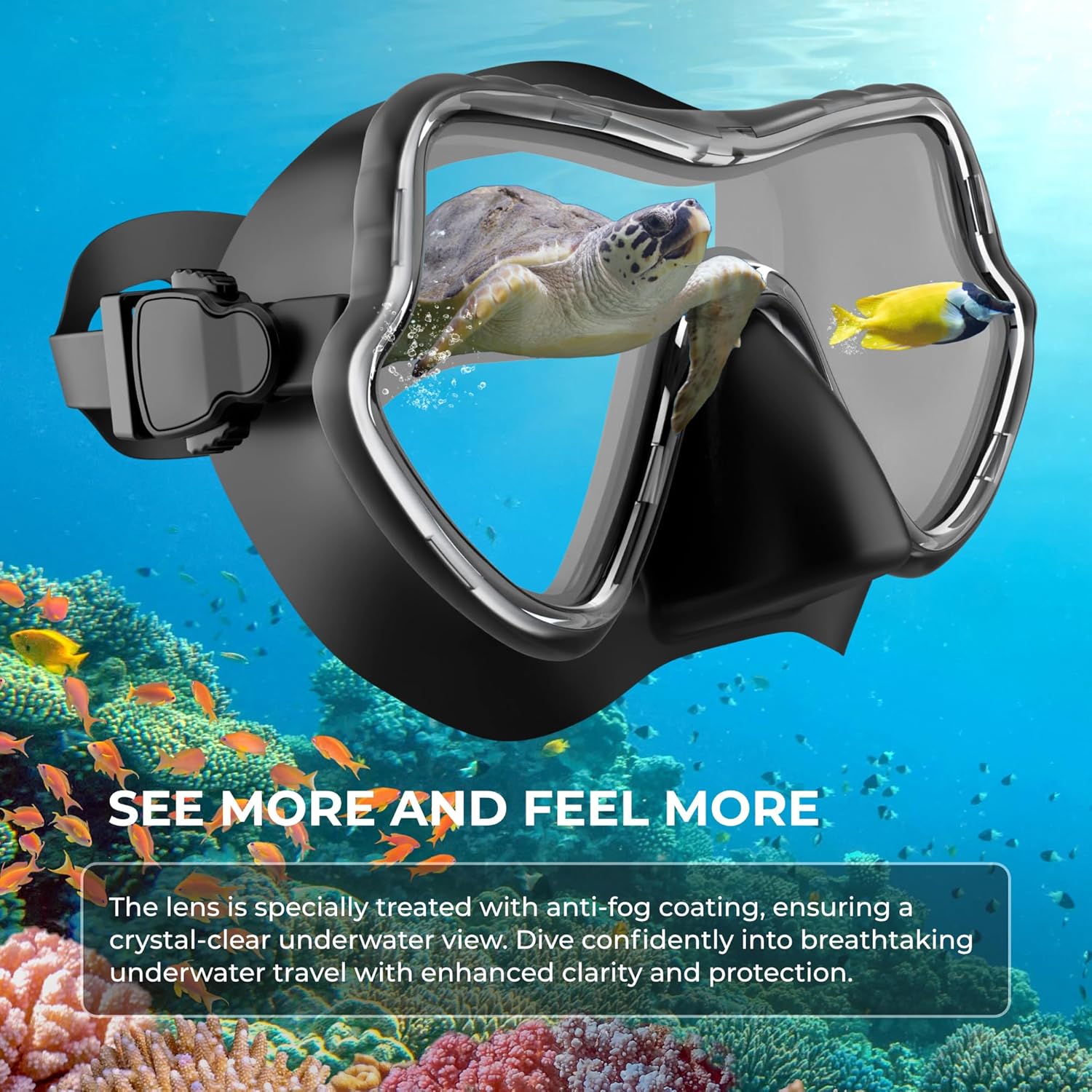 Black full face snorkel mask with anti-fog lens above colorful coral reef and sea turtle