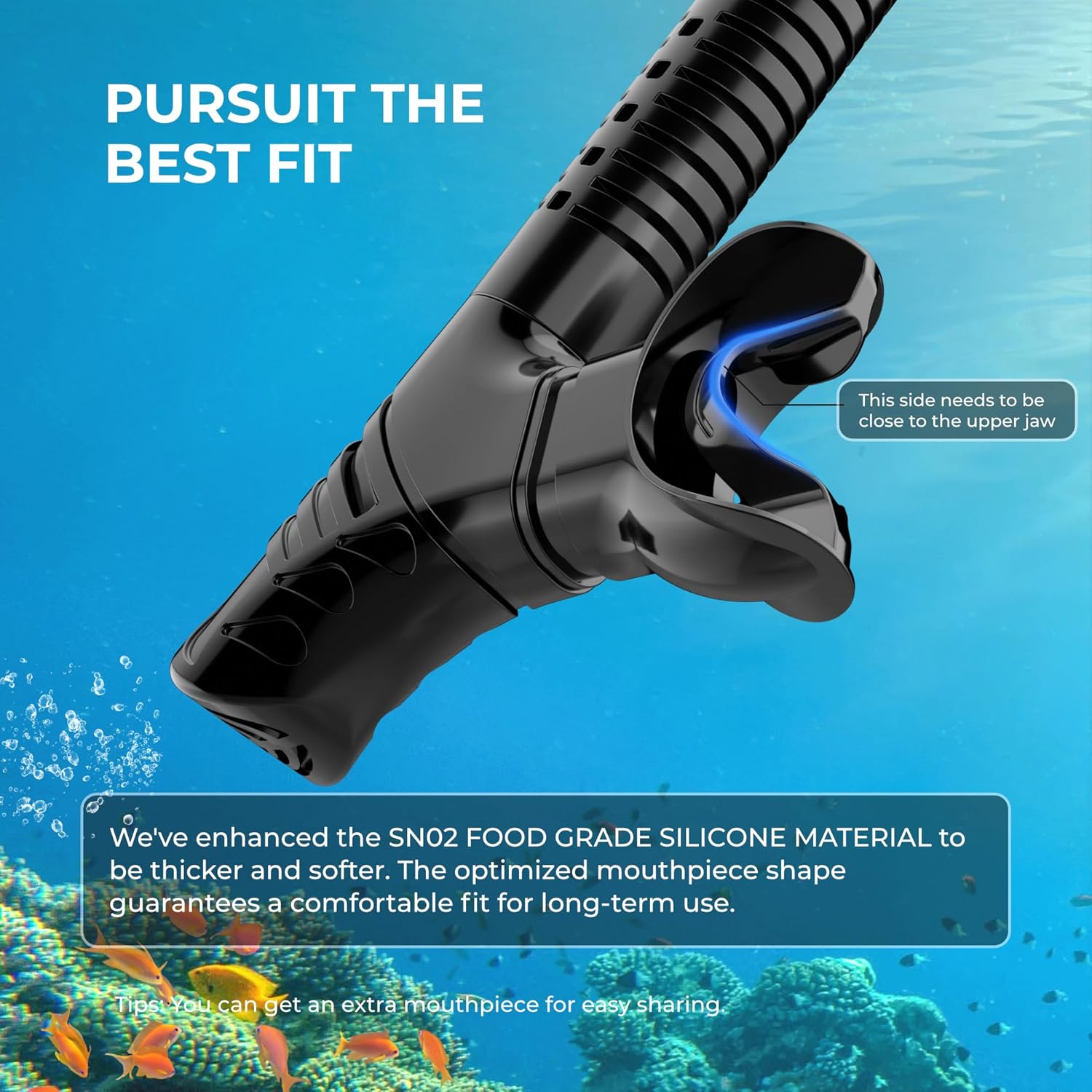 Close-up of optimized mouthpiece for G2RISE full face snorkel mask