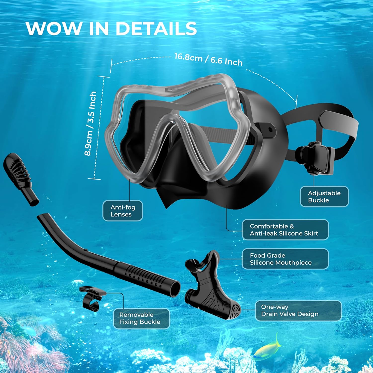 G2RISE snorkeling mask features with anti-fog lens and adjustable buckle.