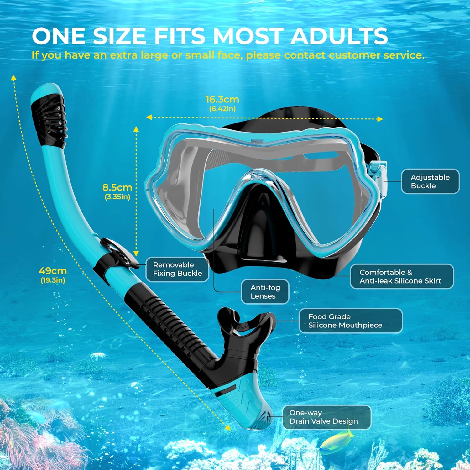 Features of G2RISE SN02 snorkeling mask and snorkel set with size chart