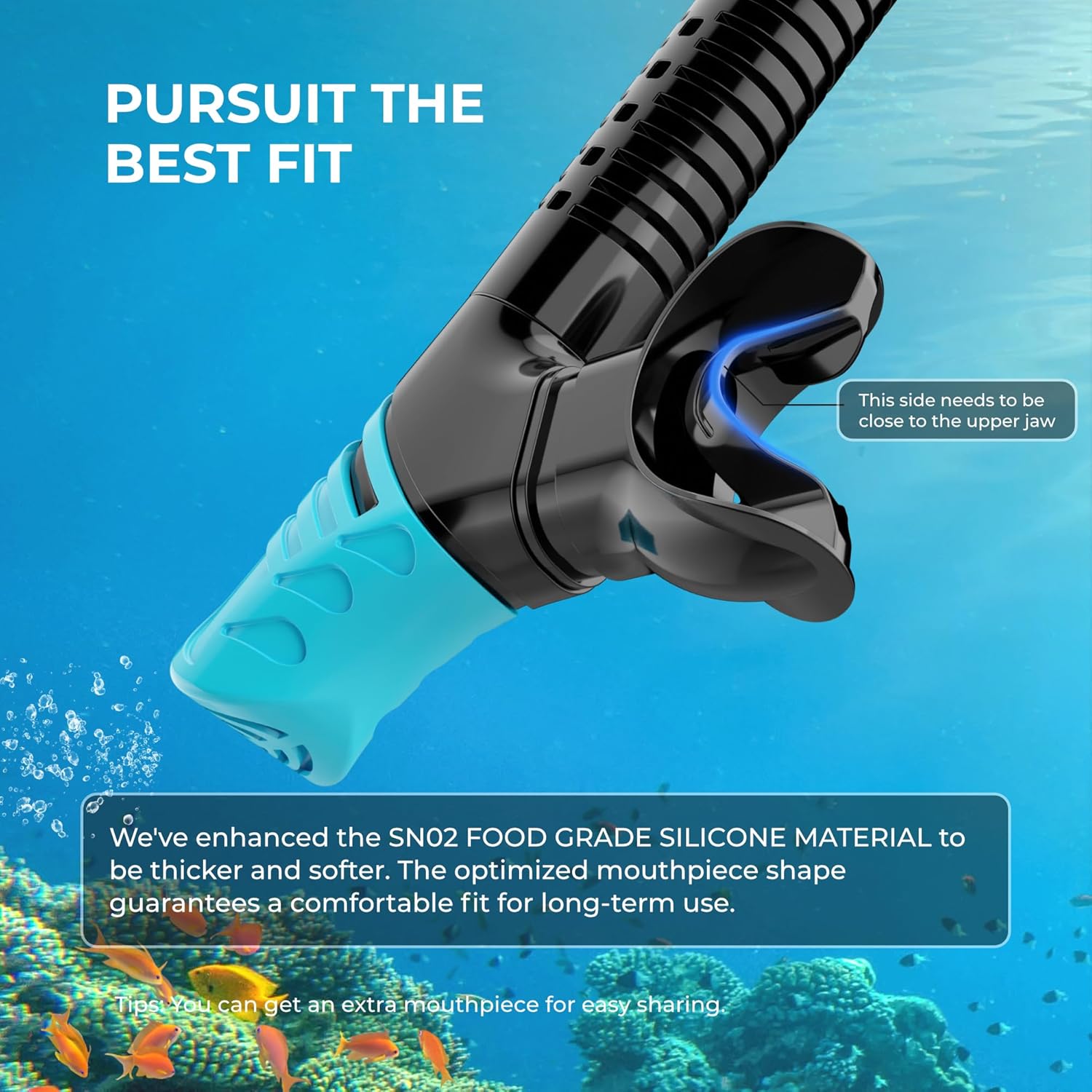 Enhanced silicone mouthpiece of G2RISE SN02 snorkel for comfort and fit.