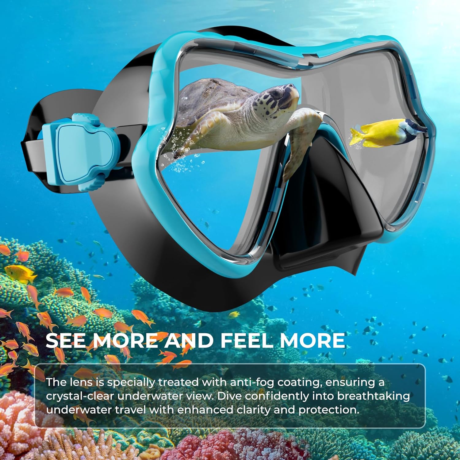 G2RISE snorkel mask with anti-fog lens, showcasing a turtle and fish underwater.