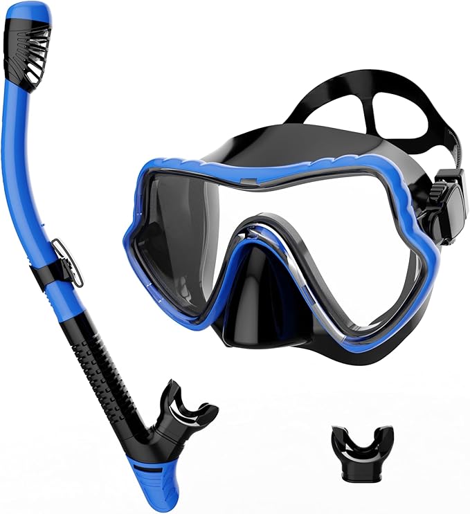 Black and blue snorkeling mask with clear lens and matching snorkel set.