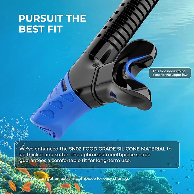 G2RISE SN02 snorkel mask's optimized mouthpiece in blue and black for comfort.