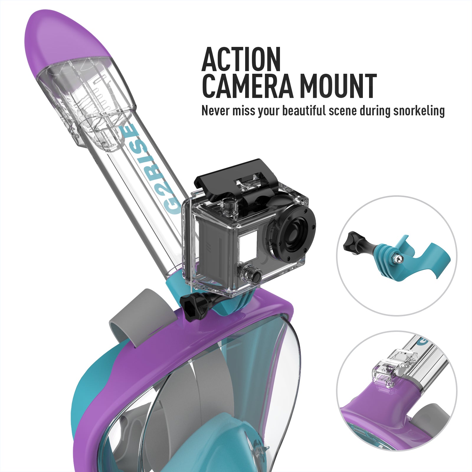 G2RISE kids snorkel mask with action camera mount for capturing underwater moments
