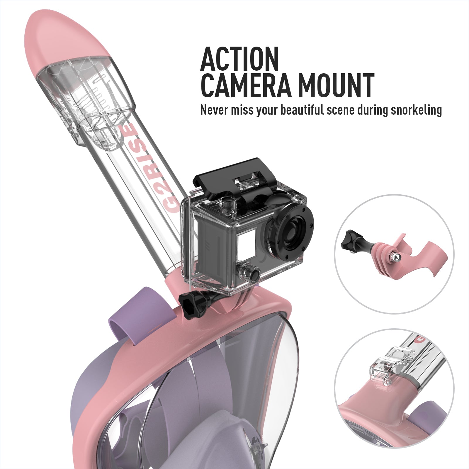 G2RISE SN01 pink-purple snorkel mask with action camera mount for underwater photography