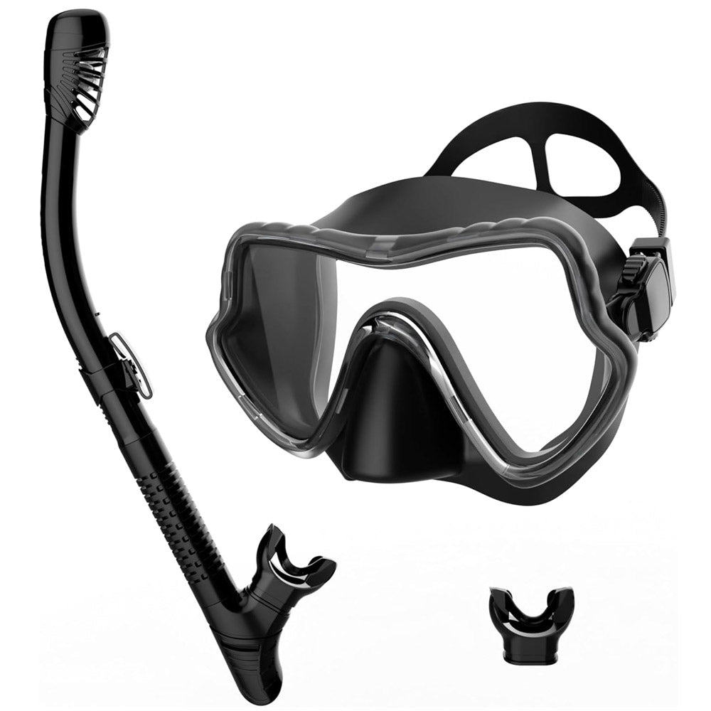 Black full face snorkel mask with snorkel and mouthpiece for adults