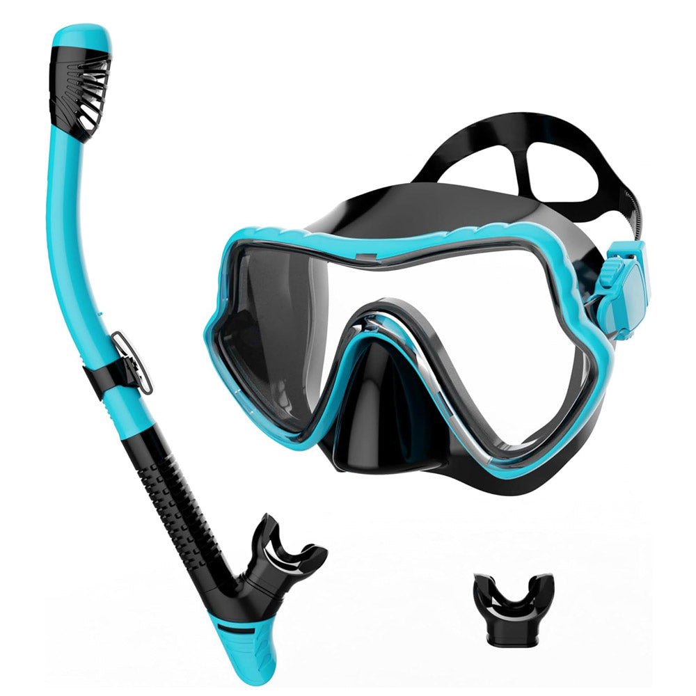Black and turquoise snorkeling mask with clear lens and snorkel set