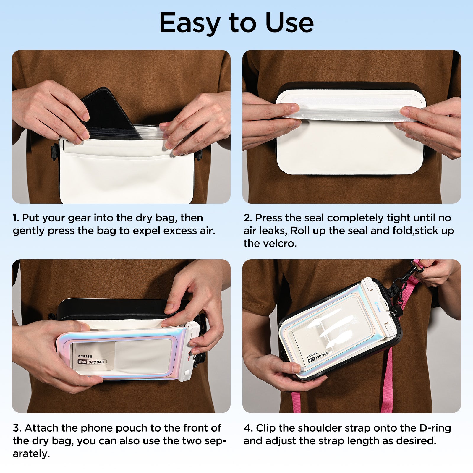 G2RISE Waterproof Dry Bag with Phone pouch-White Rose