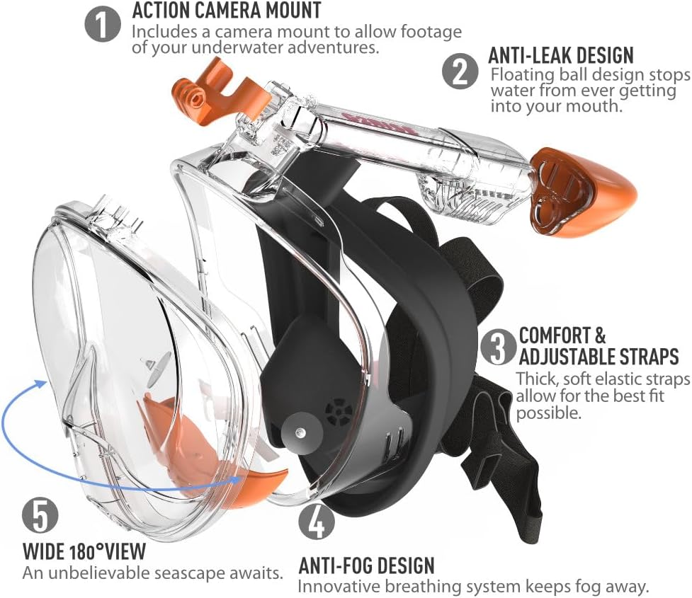 Full Face Snorkel Mask Adults-G2RISE SN01 Orange-Black